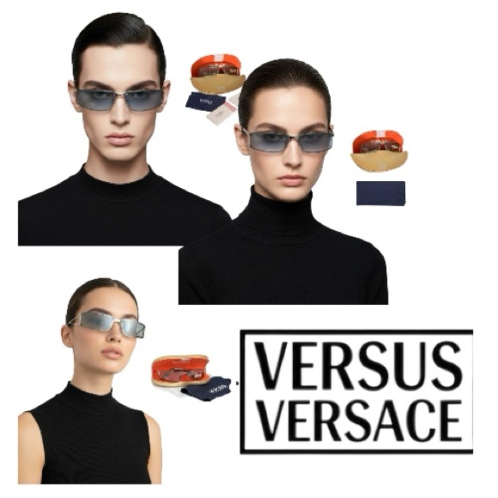 Versace Versus Vintage Y2K Silver Rimless Rectangle Sunglasses Italy Matrix New